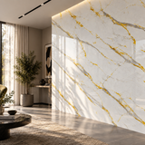 Contemporary feature wall finished with white marble-style cladding and striking gold detailing for a premium look