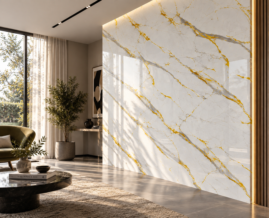 Contemporary feature wall finished with white marble-style cladding and striking gold detailing for a premium look