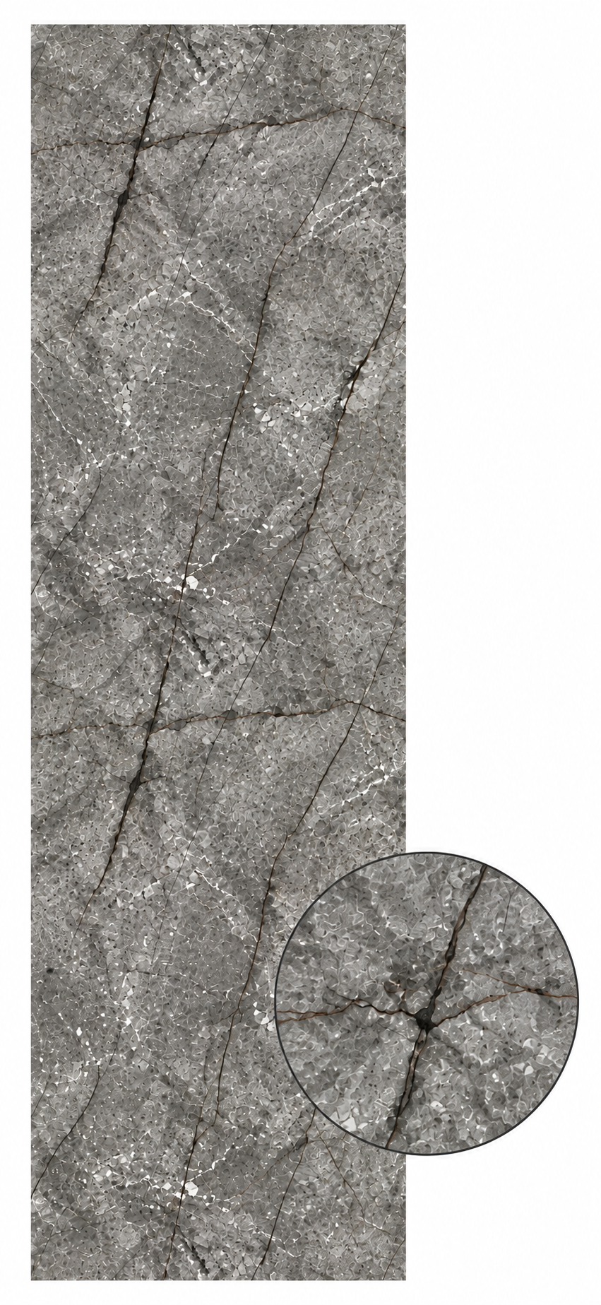 Close-up view showcasing sophisticated grey tones with metallic golden details and realistic marble patterns