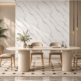 Contemporary interior enhanced with light marble-style cladding for a spacious and sophisticated look