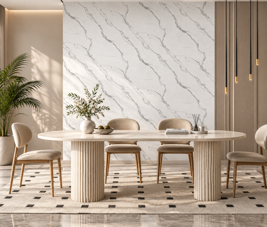 Contemporary interior enhanced with light marble-style cladding for a spacious and sophisticated look