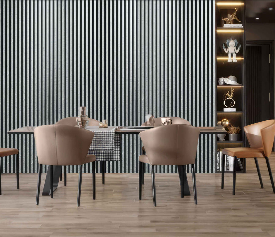 Contemporary interior featuring a 60 × 240 × 1.5cm grey marble acoustic wall panel for an elegant feature wall
