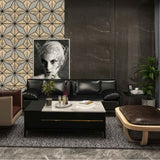Modern interior featuring a 60 × 240 × 1.5cm gold acoustic wall panel with an elegant antique metal effect