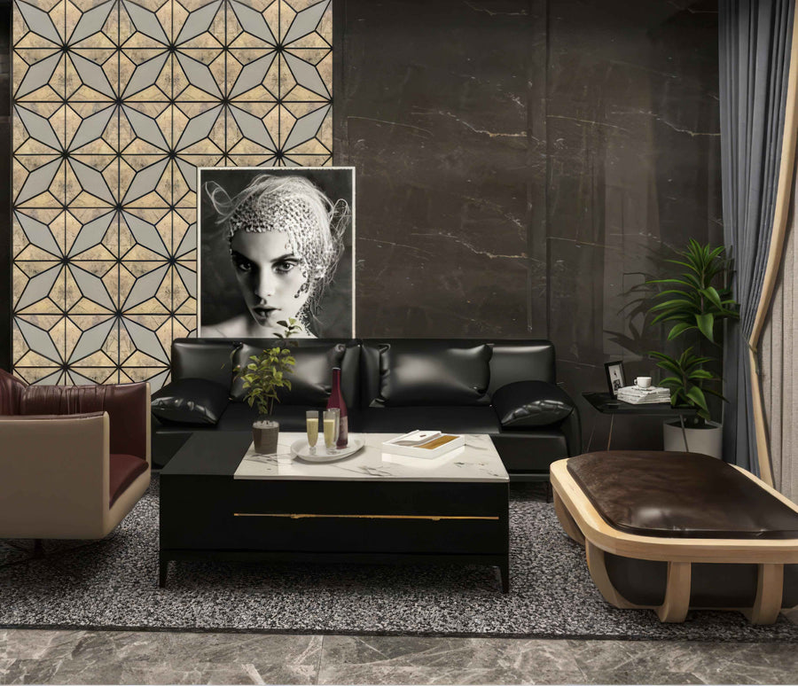 Modern interior featuring a 60 × 240 × 1.5cm gold acoustic wall panel with an elegant antique metal effect