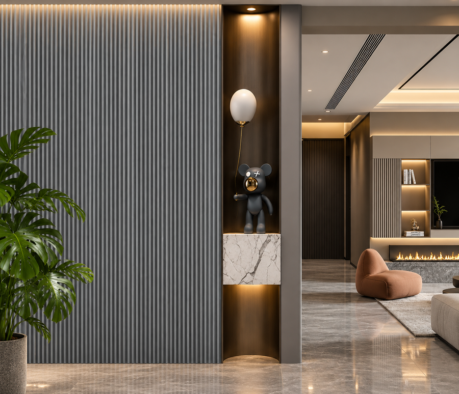 Close-up of a 15 × 240 × 1.5cm PVC panel showcasing balanced grey tones and refined vertical fluted texture