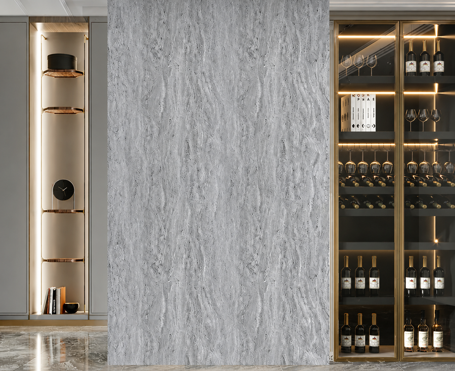 Layered grey stone tones with flowing marble patterns create a sophisticated finish for contemporary interiors