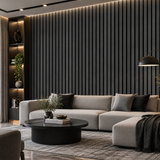 Contemporary living room featuring a 60 × 240 × 1.5cm dark grey acoustic wall panel for a sophisticated feature wall