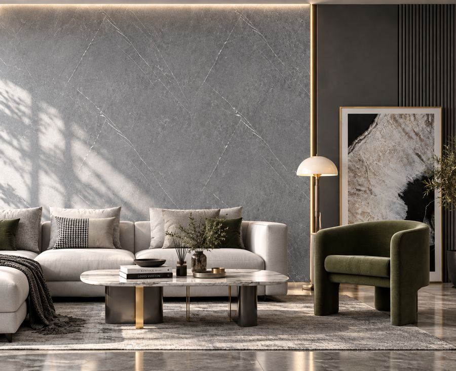 Stylish interior enhanced with sophisticated grey marble-style cladding for a clean and luxurious appearance