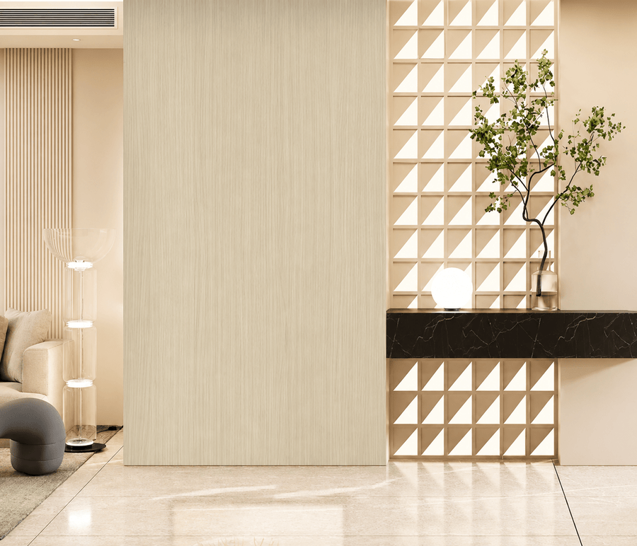 Warm wood-inspired surface featuring authentic grain patterns that bring a natural feel to contemporary interiors