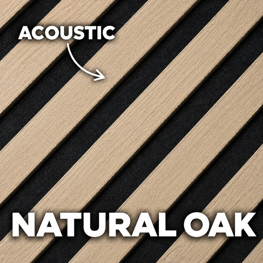 Close-up of a 60 × 240 × 1.5cm acoustic panel highlighting realistic oak grain and detailed vertical slats