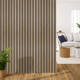 Stylish living space enhanced with broad oak-effect slatted cladding for a warm architectural finish