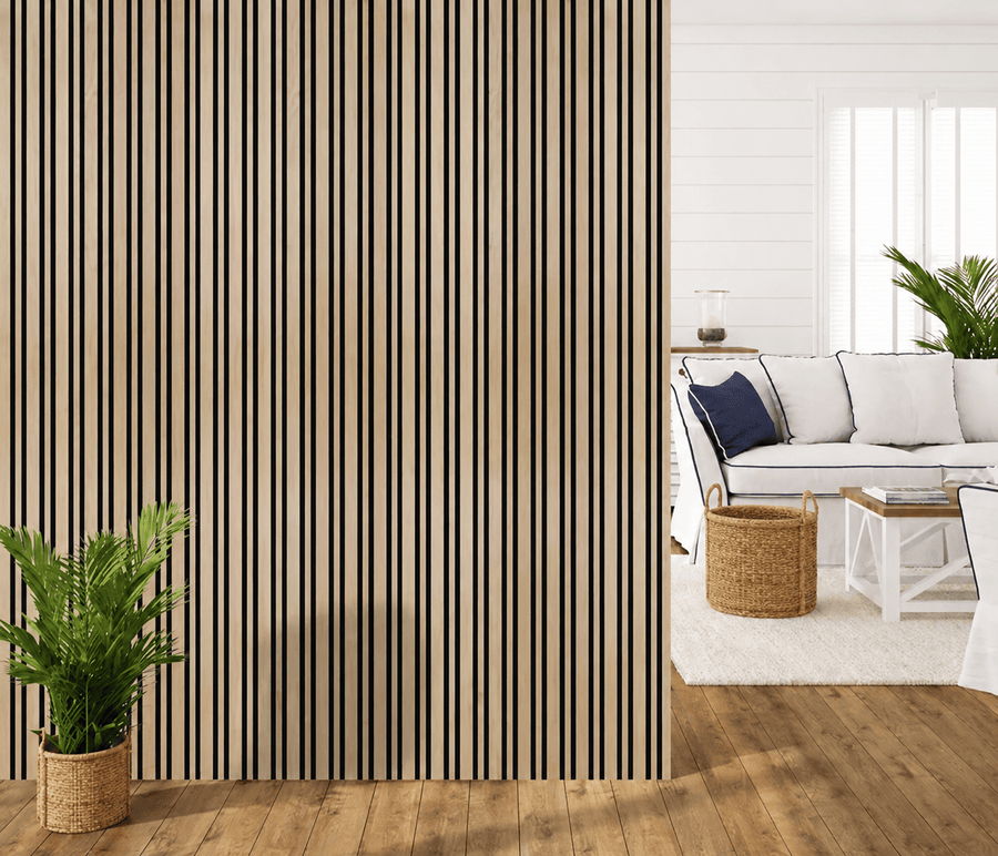 Stylish living space enhanced with broad oak-effect slatted cladding for a warm architectural finish
