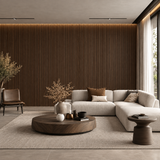 Contemporary room enhanced with warm walnut-style wall cladding for an elegant and inviting appearance