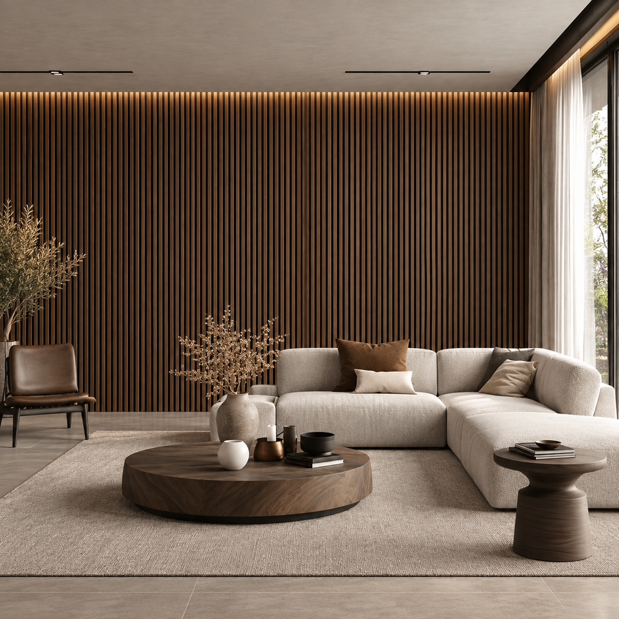 Contemporary room enhanced with warm walnut-style wall cladding for an elegant and inviting appearance