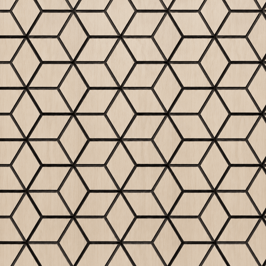 Close-up of a 60 × 240 × 1.7cm oak acoustic panel highlighting natural grain patterns and raised block detailing