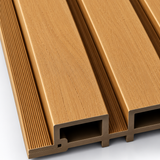 Close-up of a 21 × 290 × 2.5cm composite panel highlighting warm oak tones and realistic wood grain texture