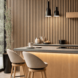 Modern interior featuring a 60 × 240 × 1.5cm natural oak acoustic wall panel for a warm architectural feature