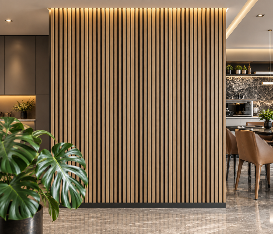 Oak 30 × 240 × 1.2cm seamless PVC wall panel with natural wood grain and a clean contemporary finish
