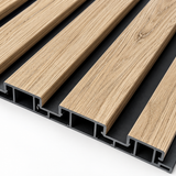 Close-up of a 30 × 240 × 1.2cm PVC panel showcasing warm oak tones and realistic timber texture