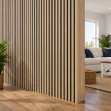 Warm oak slats arranged in a wide linear design to create a natural and contemporary interior feature wall
