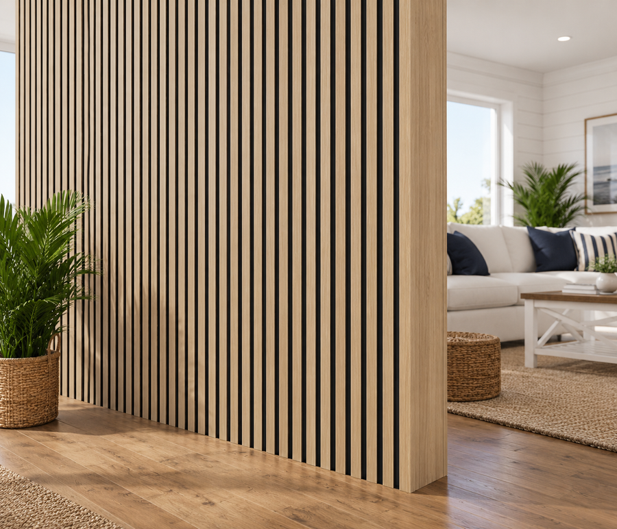Warm oak slats arranged in a wide linear design to create a natural and contemporary interior feature wall
