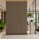 Rich dark wood grain paired with broad vertical slats creates a warm and sophisticated feature wall