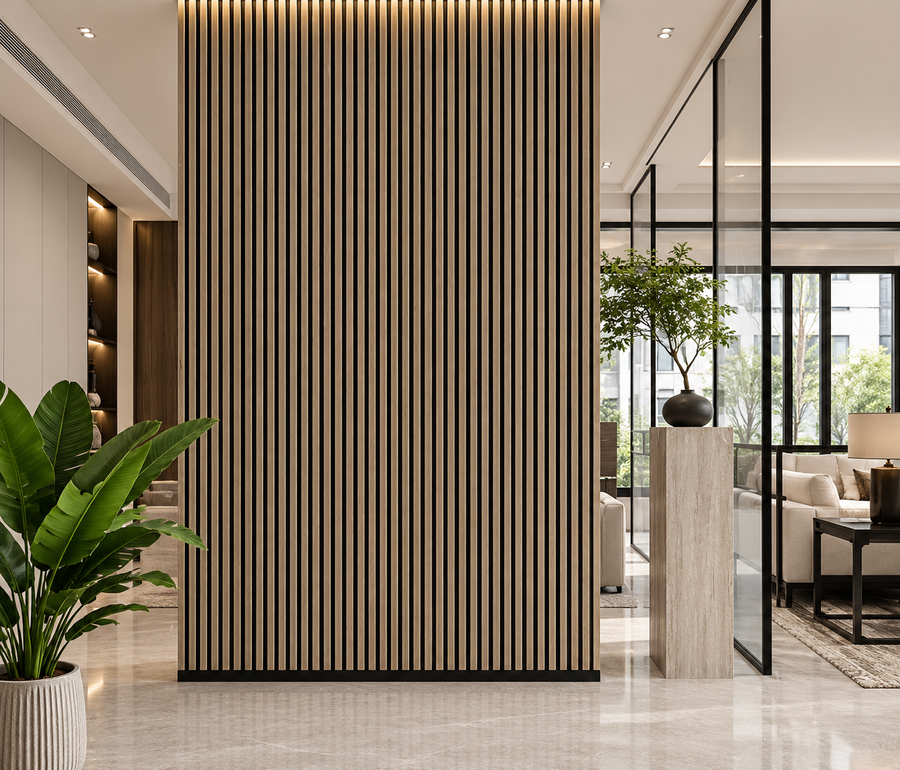 Rich dark wood grain paired with broad vertical slats creates a warm and sophisticated feature wall