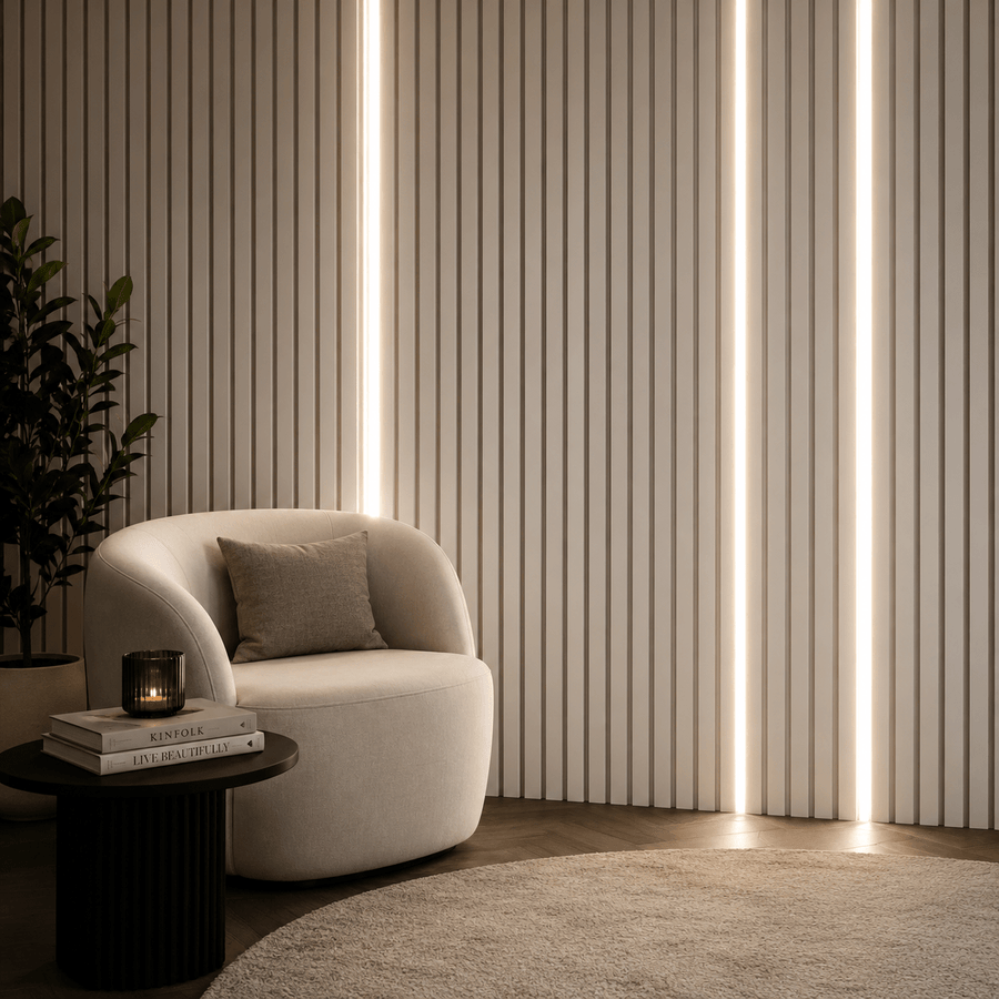Complete set of four slim LED strips designed to add seamless illumination to decorative wall panel installations
