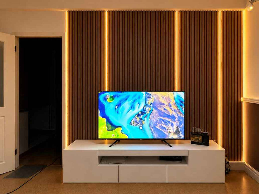 Modern wall installation enhanced with adjustable multicolour lighting for a stylish atmospheric effect