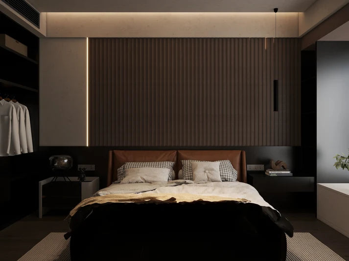 Contemporary interior featuring a 15 × 240 × 1.8cm dark grey seamless PVC wall panel for a bold architectural look