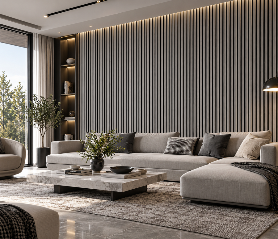 Shiny silver 60 × 240 × 1.5cm acoustic wall panel with a sleek reflective finish for modern interiors