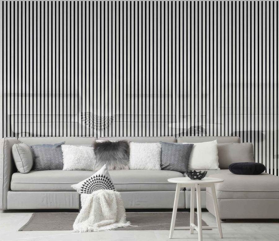 Contemporary interior featuring a 60 × 240 × 1.5cm silver acoustic wall panel with an elegant metallic appearance
