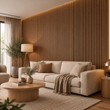 Warm teak-inspired wood tones with natural grain detailing create an inviting feature for contemporary interiors