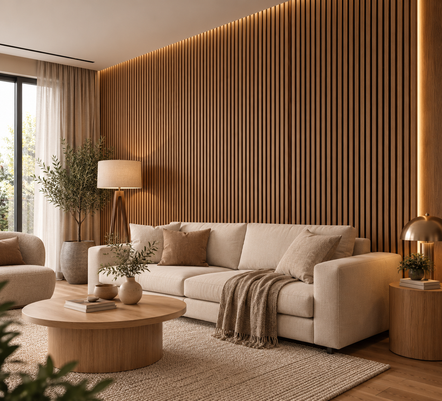 Warm teak-inspired wood tones with natural grain detailing create an inviting feature for contemporary interiors