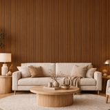 Modern living space enhanced with teak-effect wooden slats for a warm, elegant and architectural finish