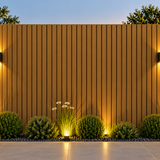 Modern outdoor space featuring a 21 × 290 × 2.5cm walnut composite wall panel for a warm architectural finish