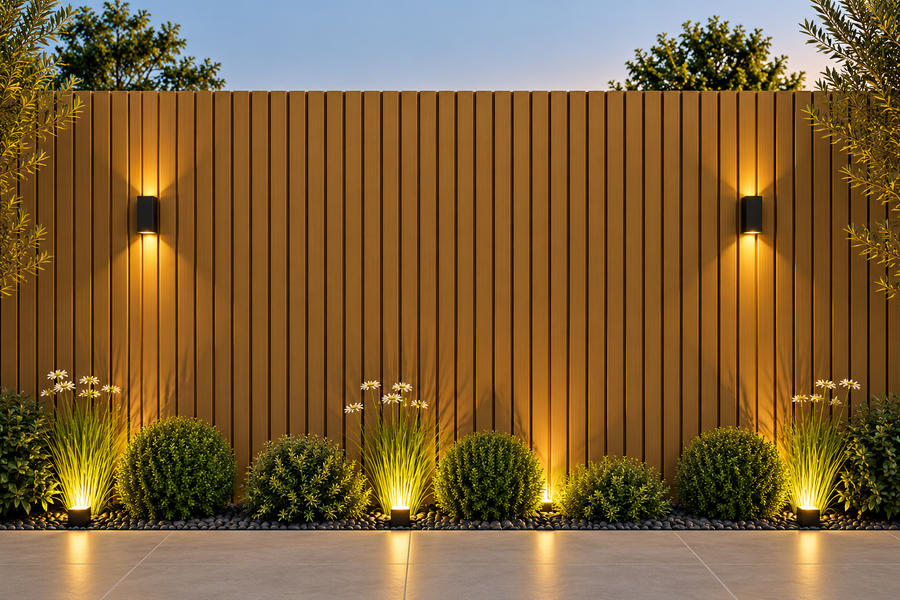Modern outdoor space featuring a 21 × 290 × 2.5cm walnut composite wall panel for a warm architectural finish