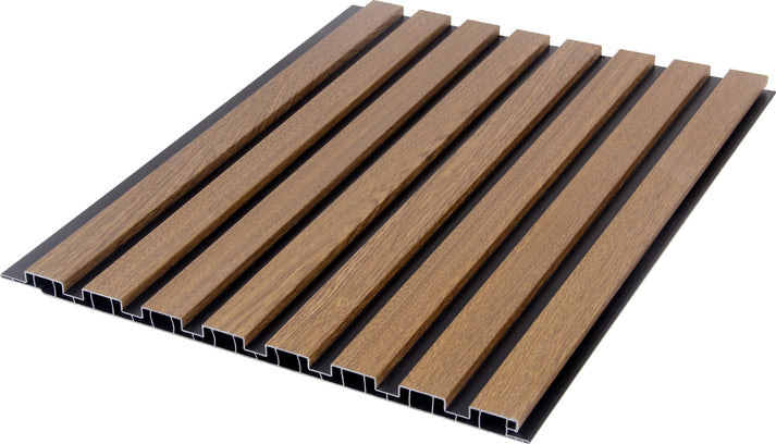 Close-up of a 30 × 240 × 1.2cm PVC panel showcasing warm walnut tones and realistic timber texture