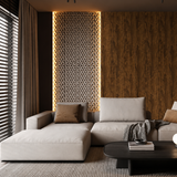 Warm walnut wood-effect surface featuring rich natural grain patterns for an elegant interior feature wall