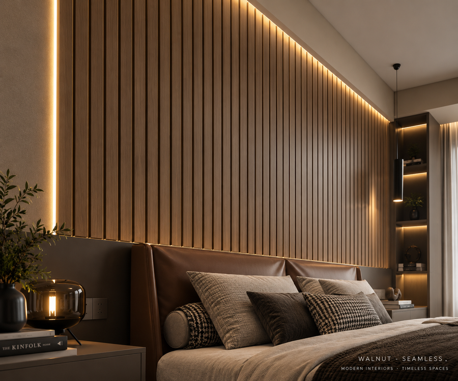 Walnut 15 × 240 × 1cm seamless PVC wall panel with a warm wood-effect finish for modern interiors