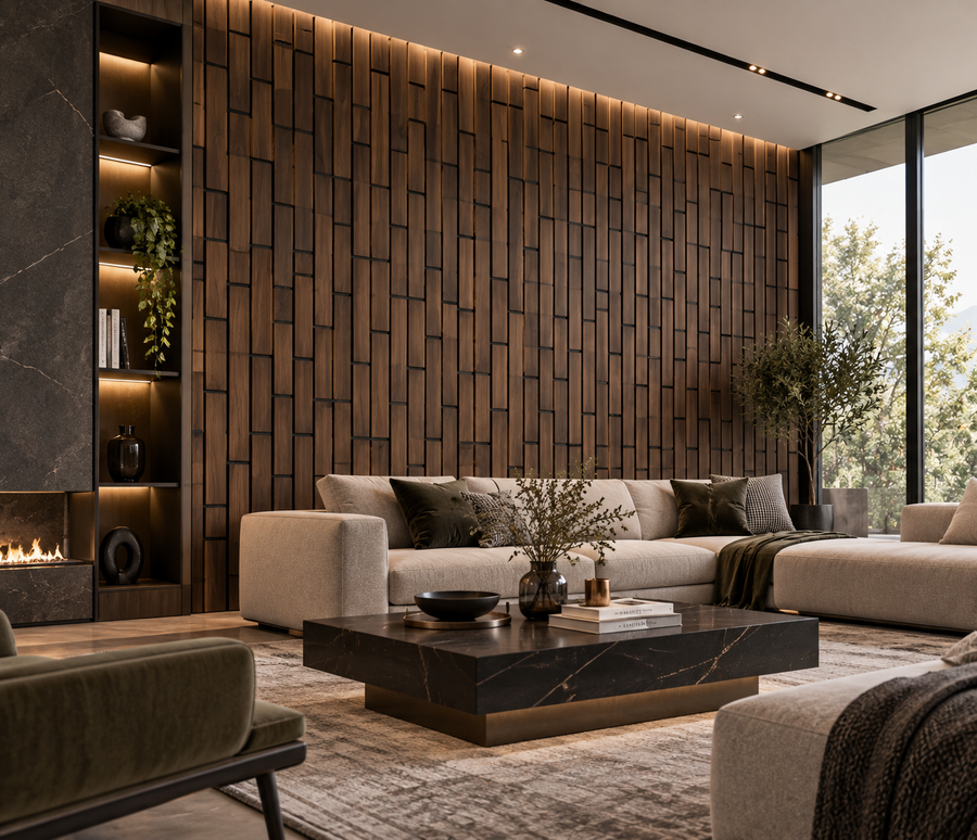 Walnut 60 × 240 × 1.7cm acoustic wall panel with vertical detailing and a warm natural wood finish