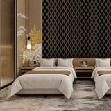 Modern interior featuring a 60 × 240 × 1.5cm wavy walnut acoustic panel with distinctive dimensional detailing