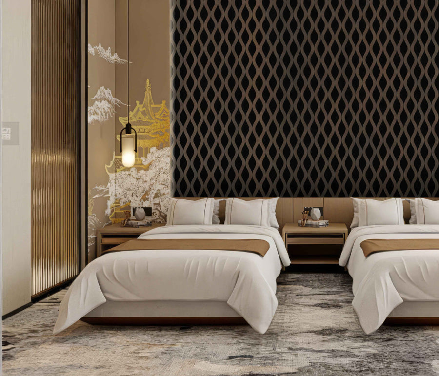 Modern interior featuring a 60 × 240 × 1.5cm wavy walnut acoustic panel with distinctive dimensional detailing
