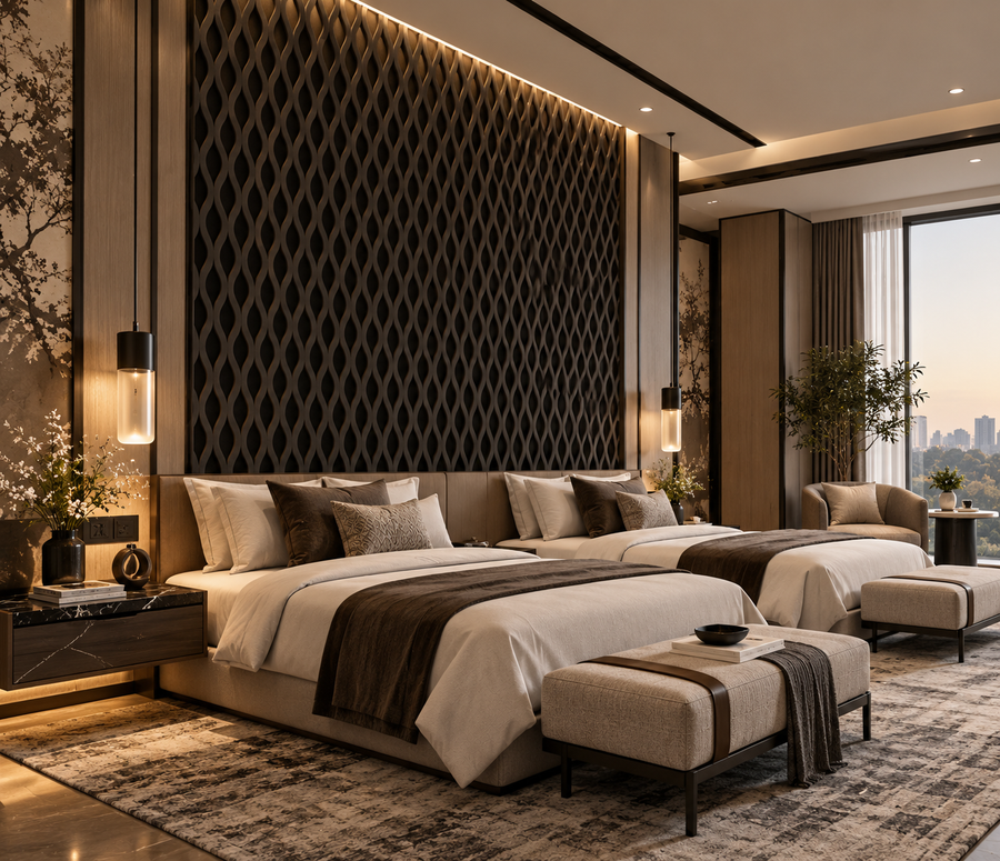 Walnut 60 × 240 × 1.5cm acoustic wall panel featuring flowing wave details and a warm wood-effect finish