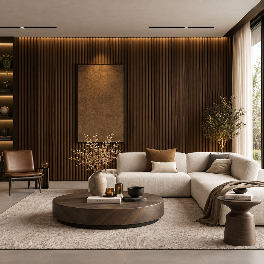 Walnut 60 × 240 × 1.5cm acoustic wall panel with rich natural wood tones and a refined textured finish