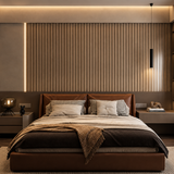 Modern interior featuring a 15 × 240 × 1cm walnut seamless PVC wall panel for a warm architectural feature