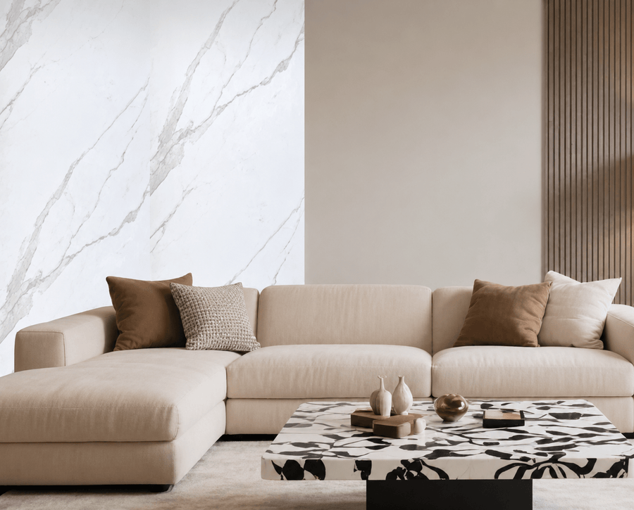 Bright stone-inspired surface with subtle marble veining creating a clean and elegant interior wall finish
