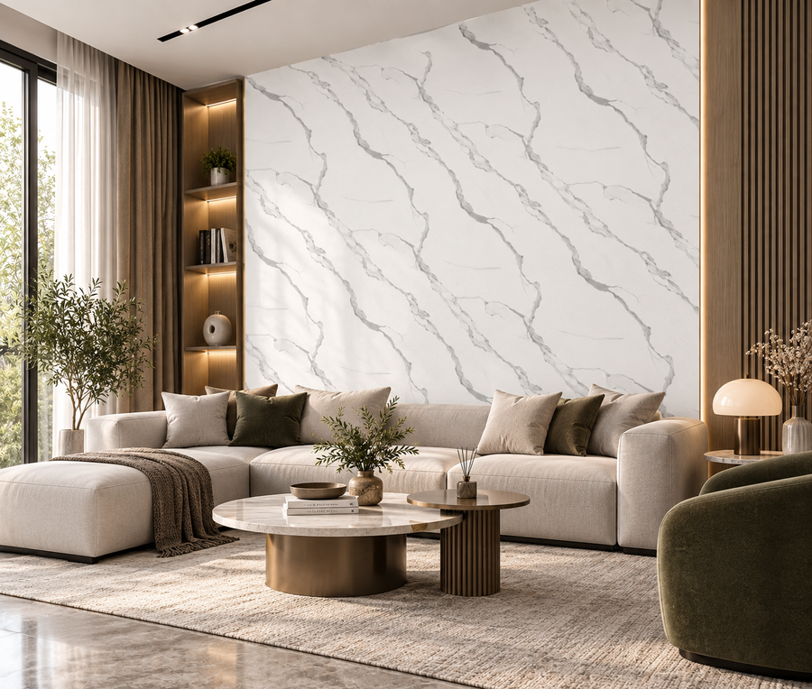Bright white stone-effect surface with delicate marble veining for a clean and elegant feature wall