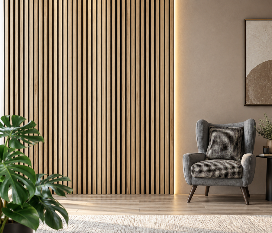 White oak 30 × 240 × 1.2cm seamless PVC wall panel with soft natural wood grain and a clean modern finish