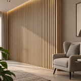 White oak 30 × 240 × 1.2cm seamless PVC wall panel with soft natural wood grain and a clean modern finish